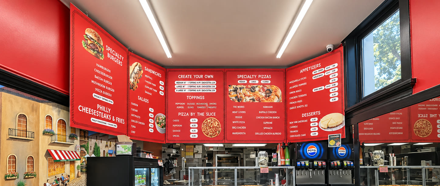 The menu boards over the counter at Pizzeria Avellino on Lombard Street